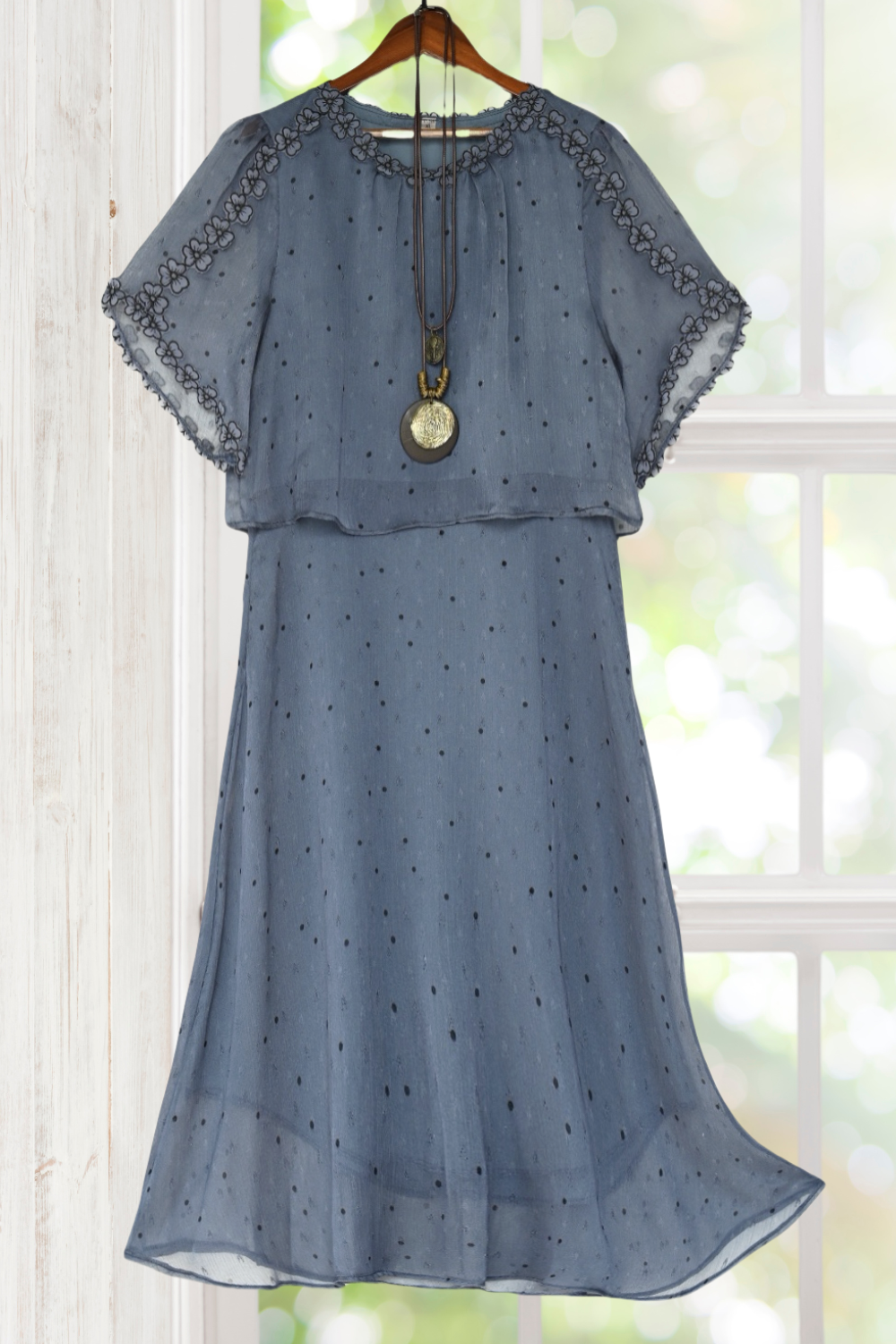 Sarah Dark Blue Chiffon Dress with Dots